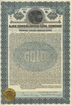 Ajax Consolidated Coal Co. - 1913 dated $500 Pennsylvania Mining Bond (Uncanceled)