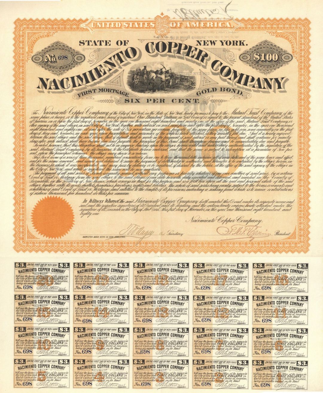 Nacimiento Copper Co. - 1881 dated $100 New Mexico Mining Bond (Uncanceled) - Gorgeous