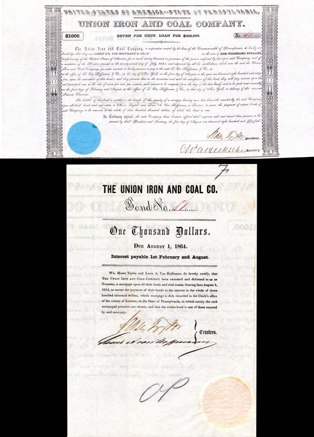 Moses Taylor signed Union Iron and Coal Co. - Bond (Uncanceled)