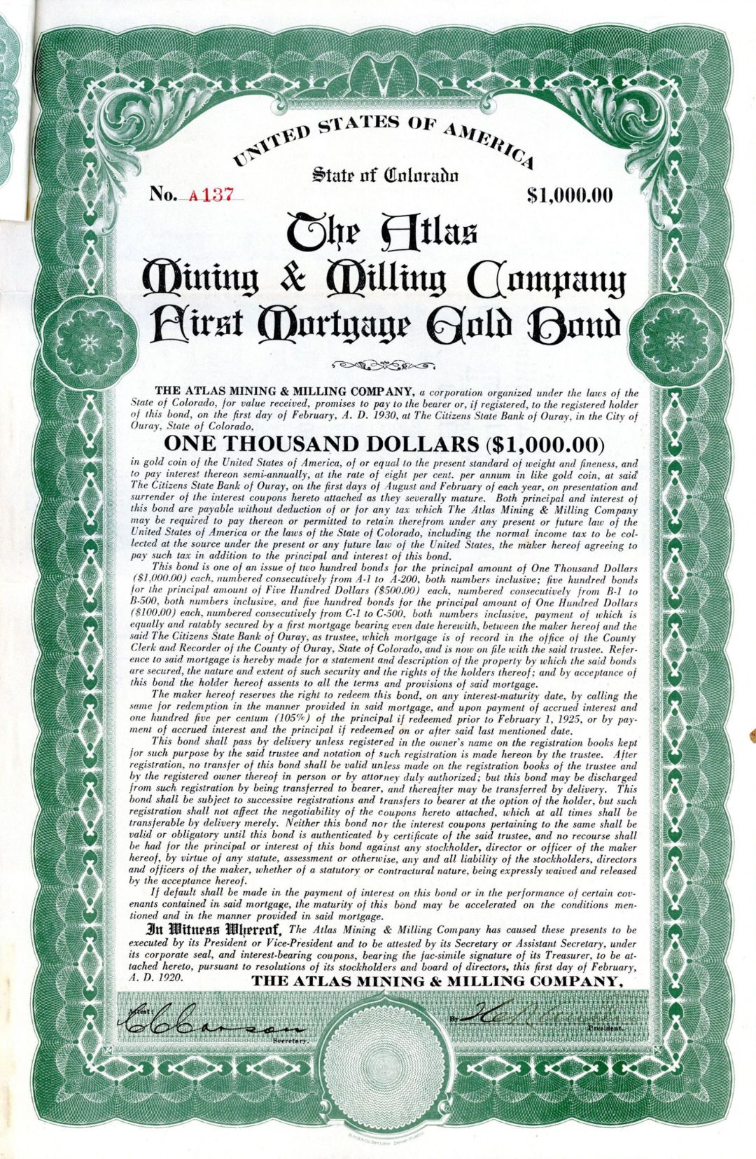 Atlas Mining and Milling Co. - $1,000 Gold Bond (Uncanceled) dated 1920