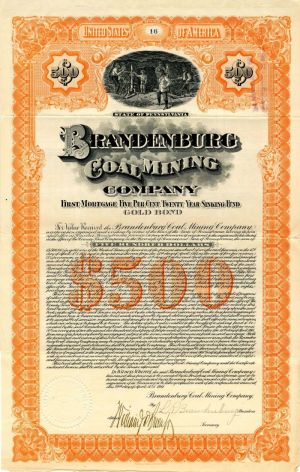 Brandenburg Coal Mining Co. - 1911 dated $500 Pennsylvania Mining Bond