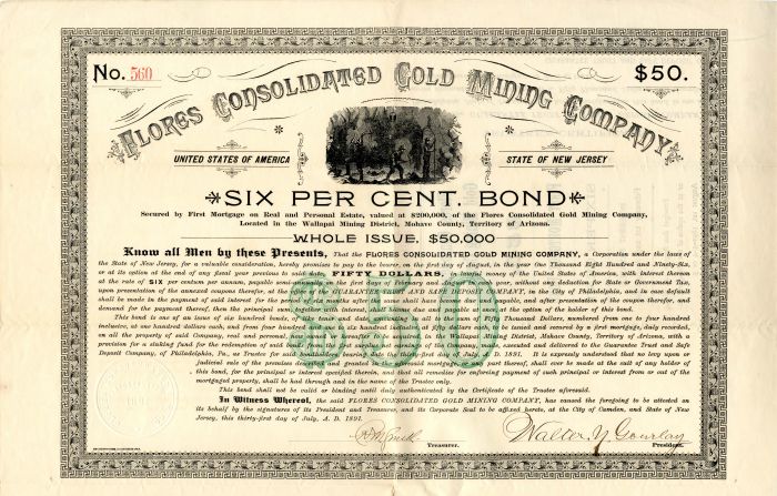 Flores Consolidated Gold Mining Co. - $50 - Bond