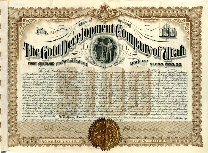 Gold Development Co. of Utah - $100 - Bond