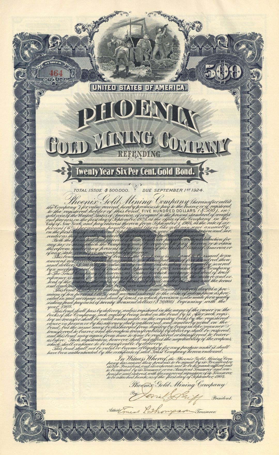 Phoenix Gold Mining Co. - 1904 dated $500 Arizona Gold Mining Bond