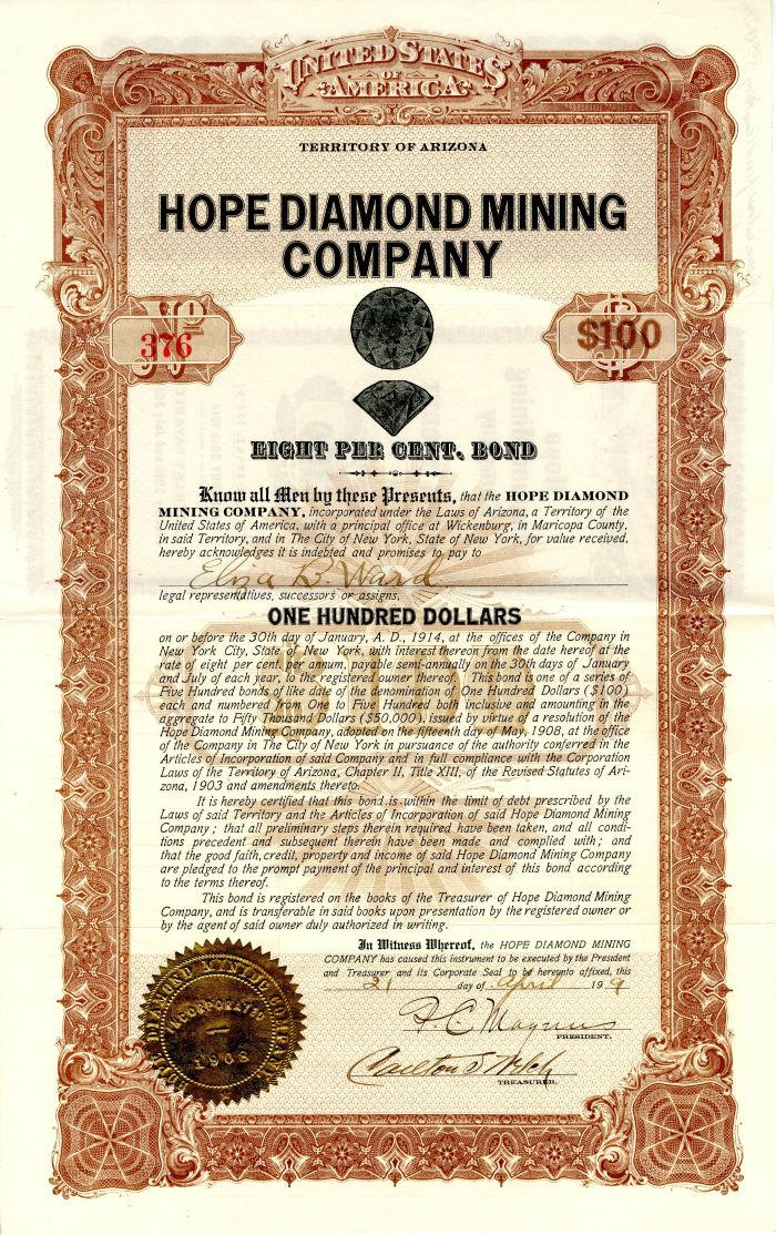 Hope Diamond Mining Co. - $100 - Bond