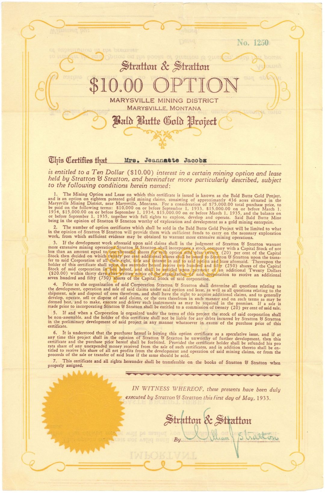 Stratton and Stratton - Bald Butte Gold Project - 1933 dated $10.00 Mining Option and Lease Certificate