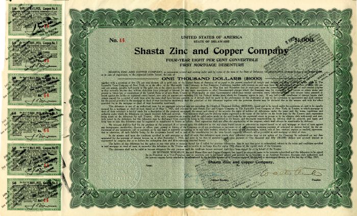 Shasta Zinc and Copper Co. - $1,000 Mining Gold Bond
