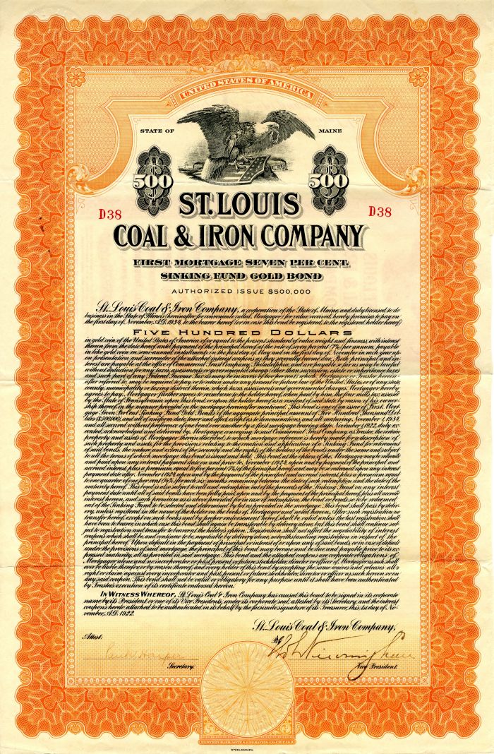 St. Louis Coal and Iron Co. - $500 Bond