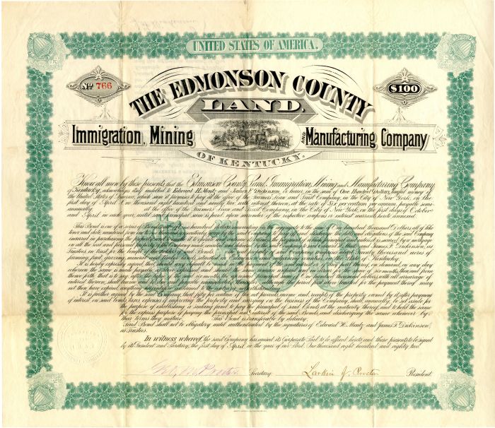 Edmonson County Land, Immigration, Mining and Manufacturing Co. - $100 Bond