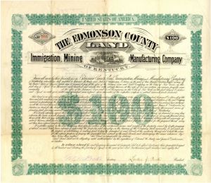 Edmonson County Land, Immigration, Mining and Manufacturing Co. - $100 Bond