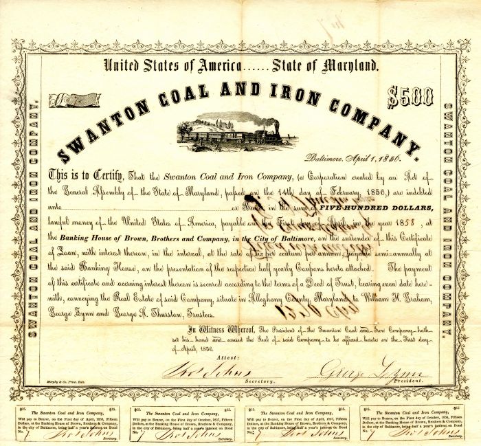 Swanton Coal and Iron Co. - $500 Bond