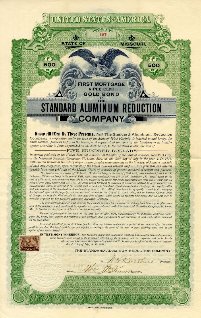 Standard Aluminum Reduction Co. - 1901 dated $500 Bond