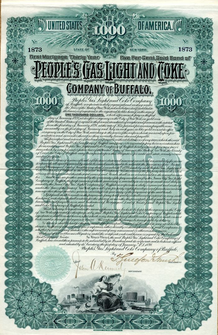 People's Gas Light and Coke Co. of Buffalo - $1,000 Utility Uncanceled Gold Bond