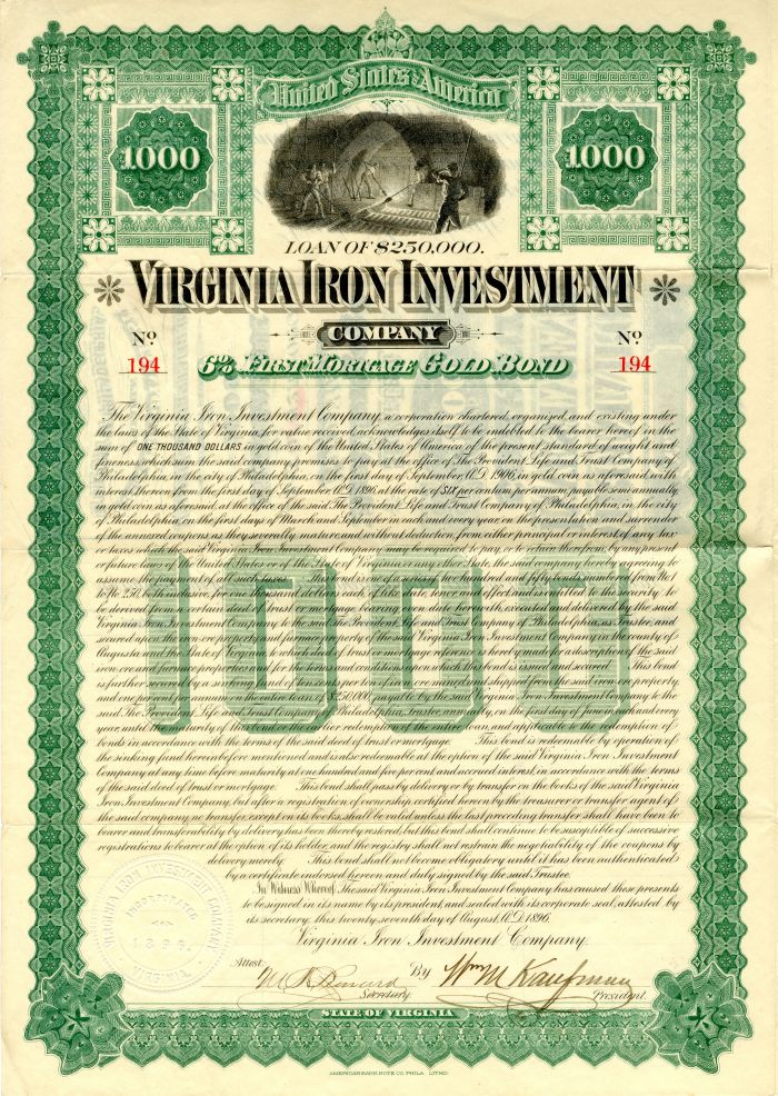 Virginia Iron Investment Co. - $1,000 Bond