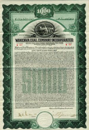 Wakenva Coal Co. Incorporated - 1926 dated $1,000 Virginia Mining Bond