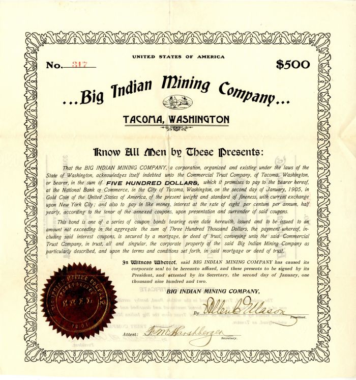 Big Indian Mining Co. - $500 Bond