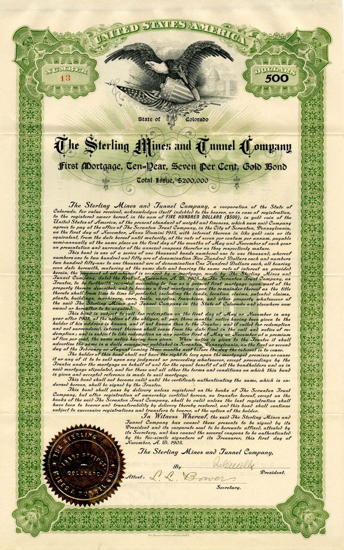 Sterling Mines and Tunnel Co. - $500 Bond