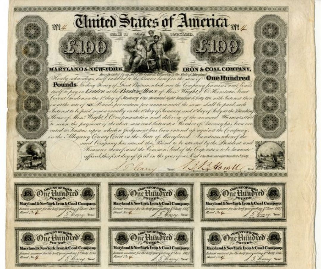 Maryland and New York Iron and Coal Co. - £100 Mining Bond - Serial Number 4 - Extremely Rare