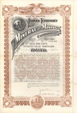 Indian Territory Mineral and Mining Co. - 1898 dated $500 Mining Bond
