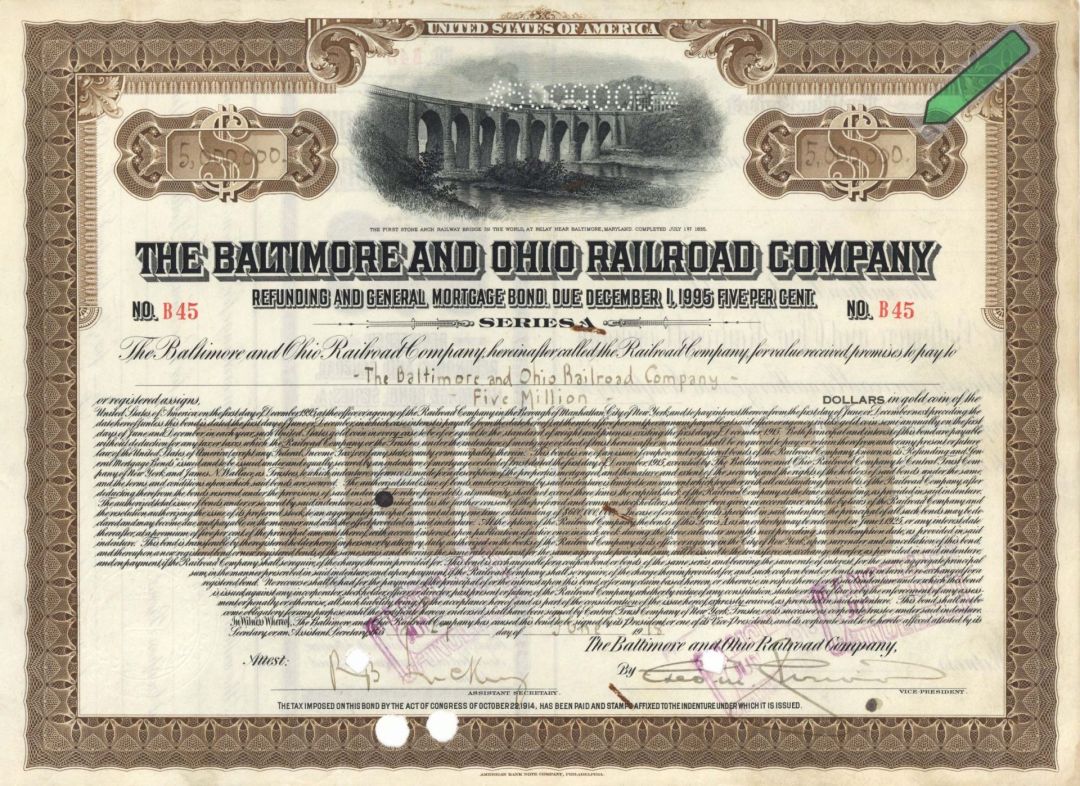 $5 Million Denomination Baltimore and Ohio Railroad Co. - $5,000,000 Bond