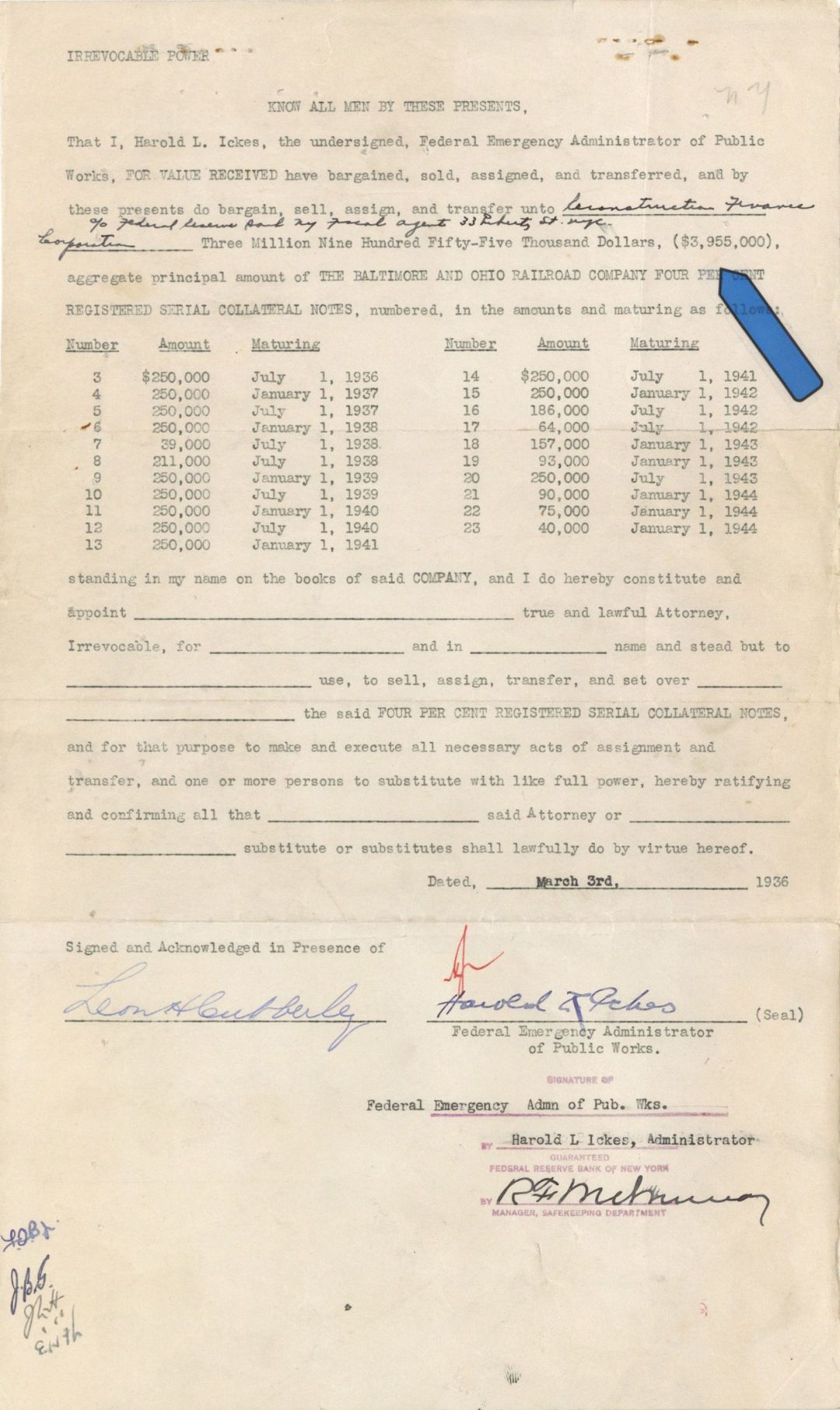 $3,955,000 Baltimore and Ohio Railroad Co. Collateral Notes -  1936 dated Bond Certificate