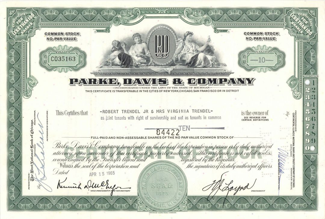 Parke, Davis and Co. - Was Once America's Oldest and Largest Drug Maker - Stock Certificate