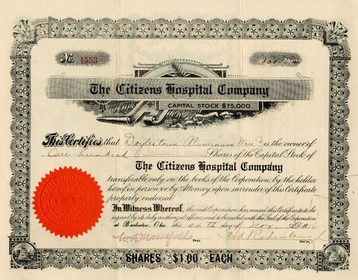 Citizens Hospital Co. - Stock Certificate