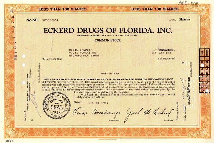 Eckerd Drugs of Florida, Inc. - Stock Certificate