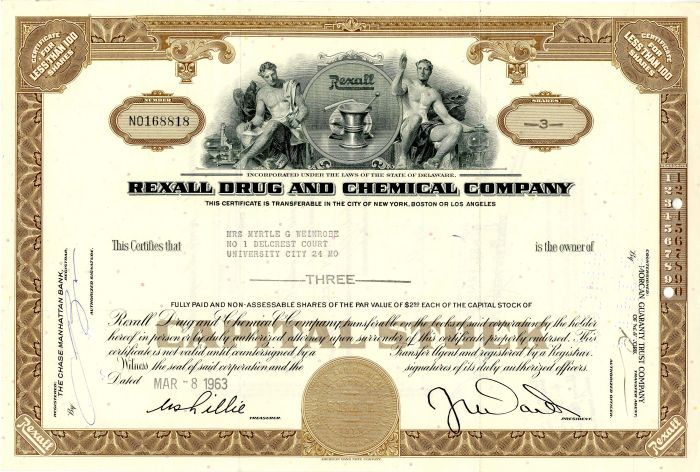 Rexall Drug and Chemical Co. - Stock Certificate