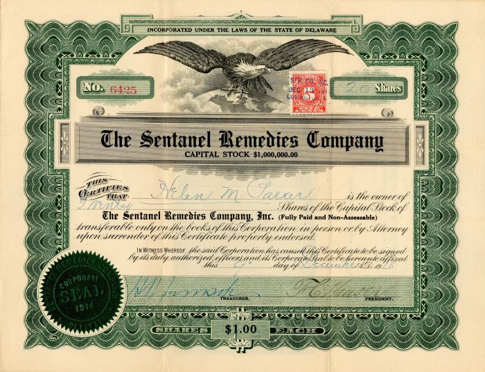 Sentanel Remedies Co. - Stock Certificate