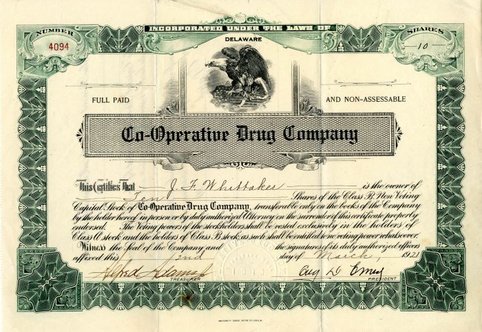 Co-Operative Drug Co. - Stock Certificate