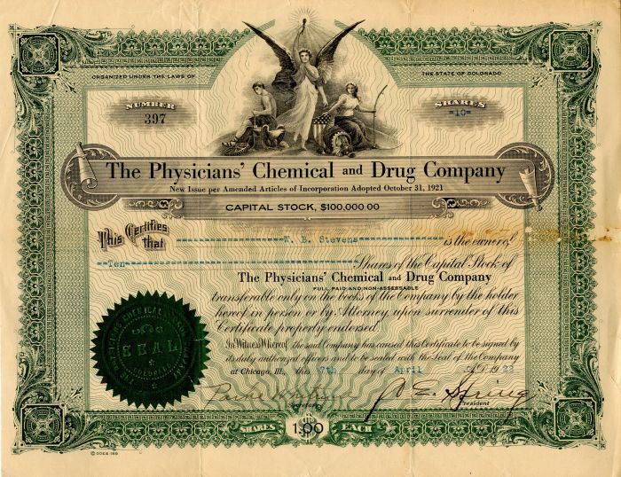 Physicians' Chemical and Drug Co. - Stock Certificate