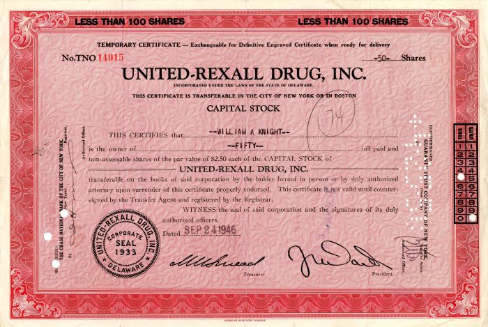 United-Rexall Drug, Inc. - Stock Certificate