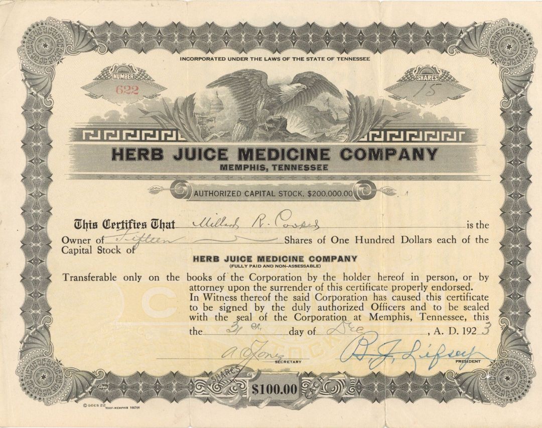 Herb Juice Medicine Co. - 1923 dated Stock Certificate - Also Known as Herbalism, Phytomedicine or Phytotherapy