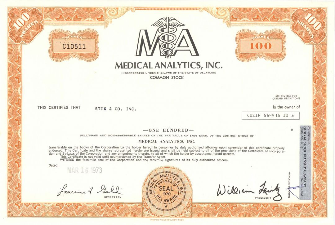 Medical Analytics, Inc. -  Stock Certificate