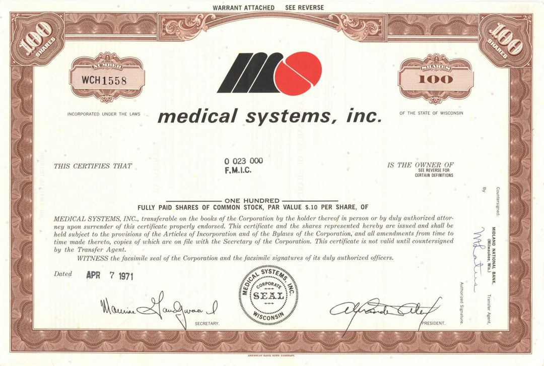 Medical Systems, Inc. -  Stock Certificate