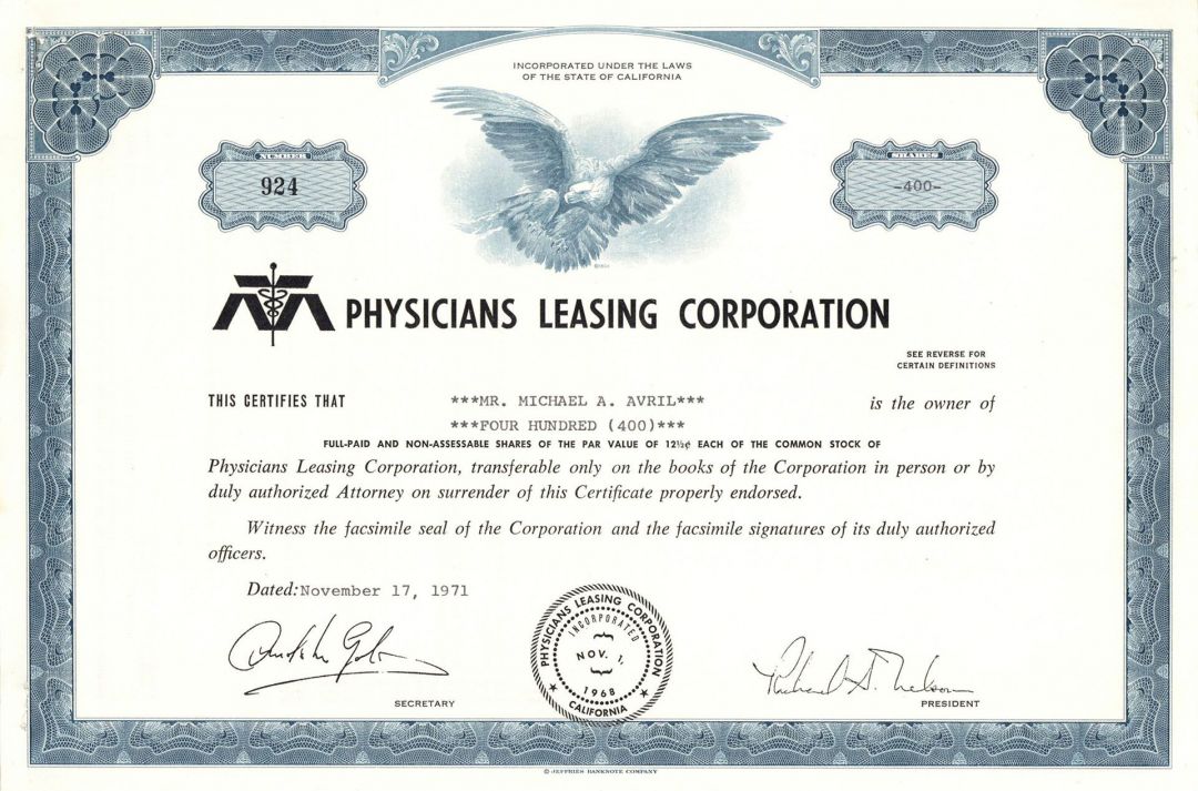 Physicians Leasing Corp. -  Stock Certificate