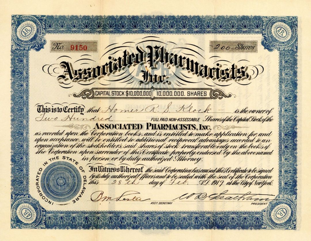 Associated Pharmacists, Inc. - Stock Certificate