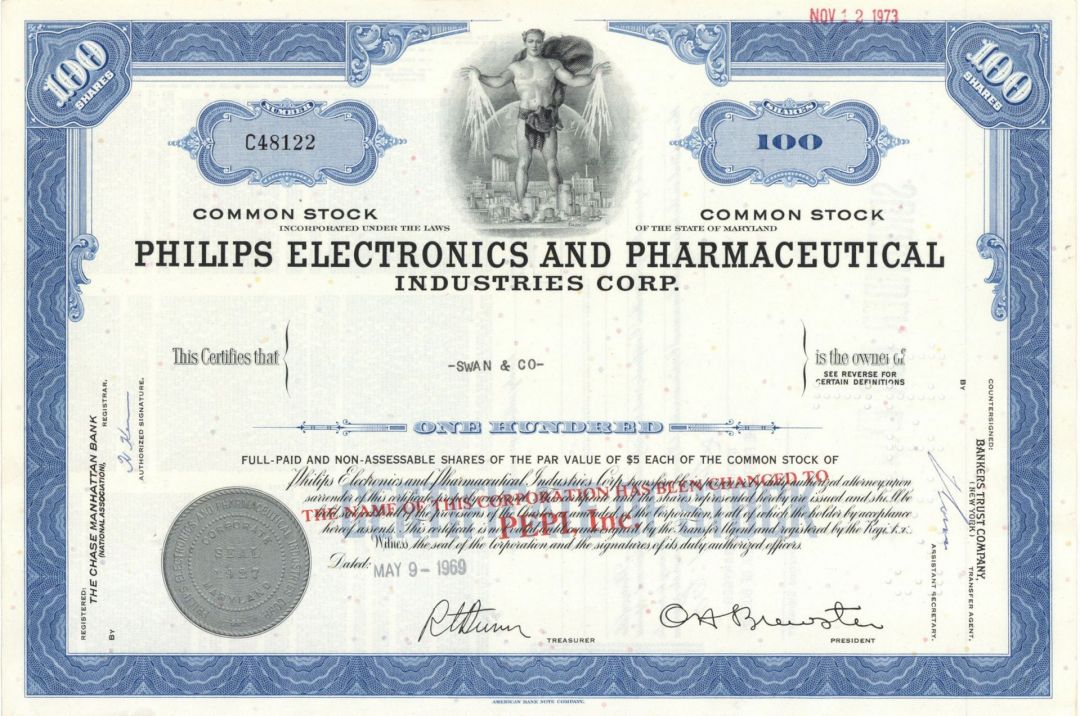 Philips Electronics and Pharmaceutical Industries Corp. - 1969 Stock Certificate
