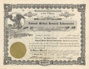 National Medical Research Laboratories - 1923, 1924 or 1931 dated Stock Certificate