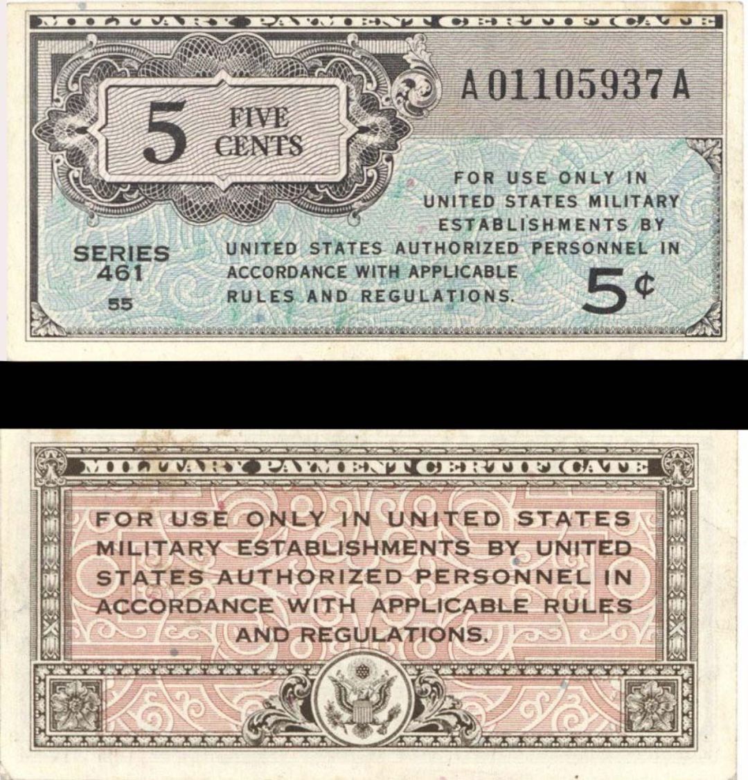 Military Payment Certificate - Series 461 - 5 Cents