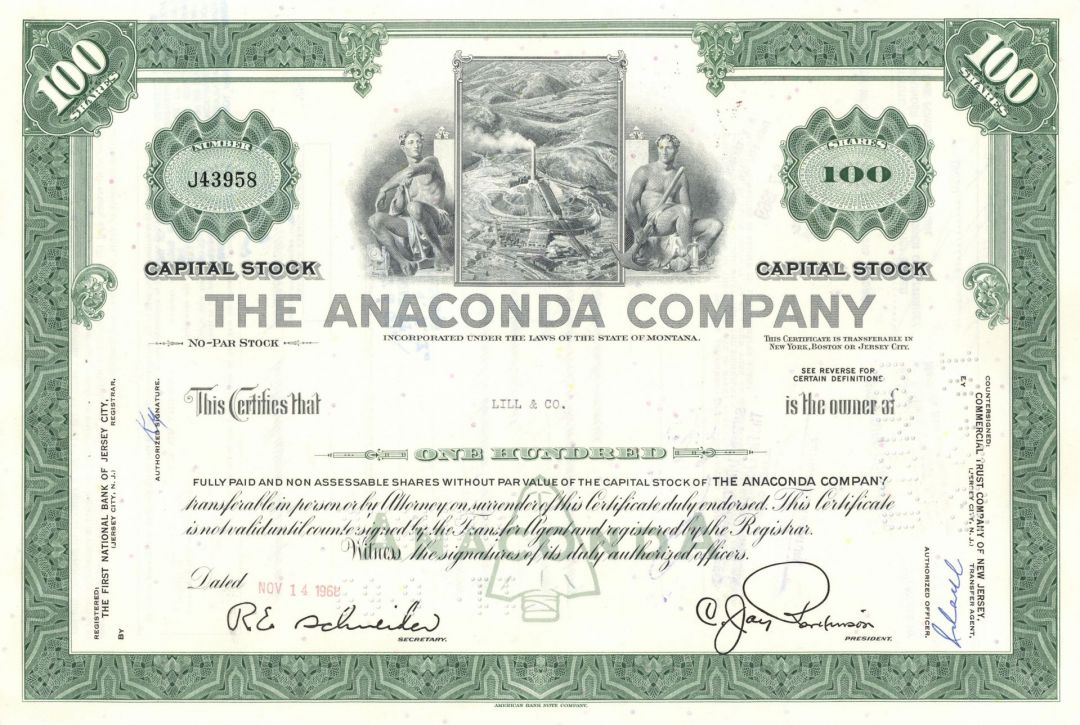 Anaconda Co. - 1960's-70's dated Montana Mining Stock Certificate - Available in Green or Blue Type