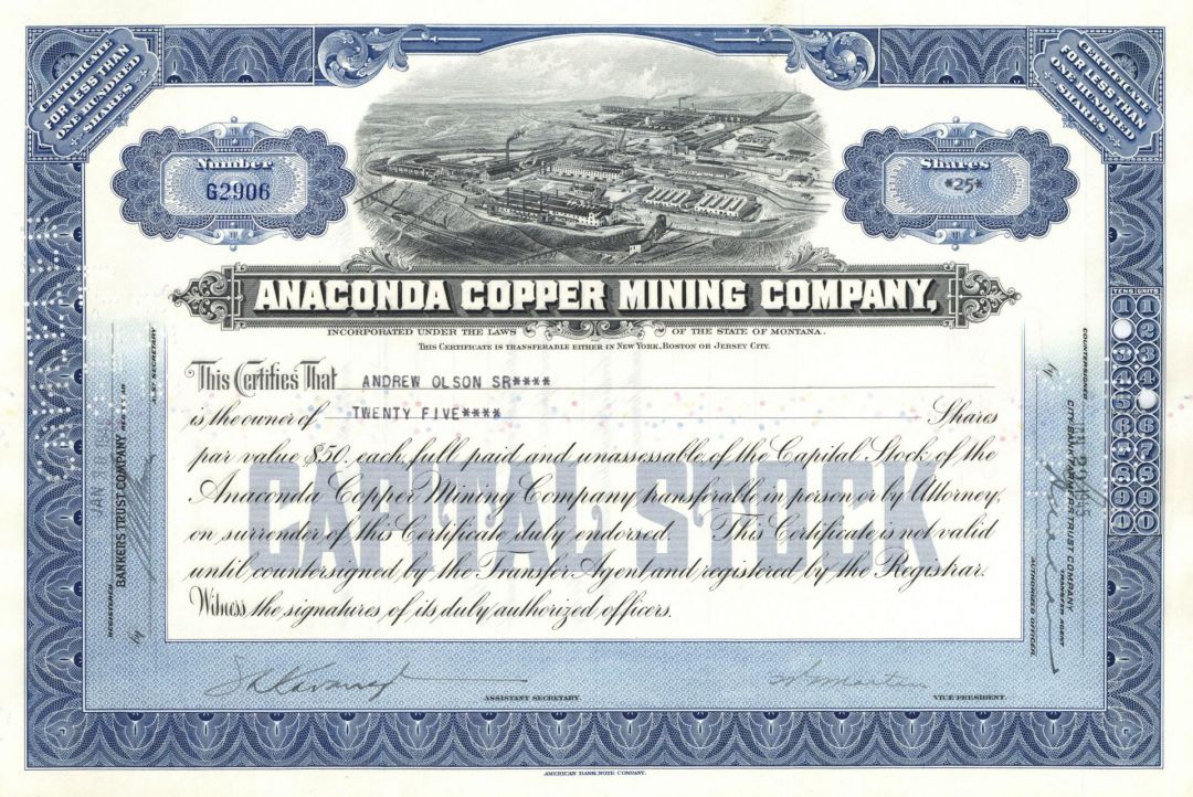 Anaconda Copper Mining - dated 1920's-50's Montana Mining Stock Certificate - Available in Blue, Brown or Green