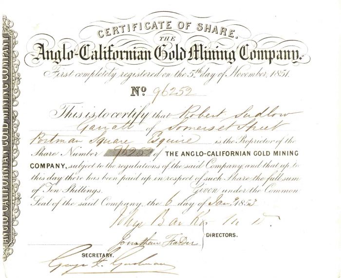 Anglo-Californian Gold Mining Co - 1850's dated Mining Stock Certificate - Extremely Early
