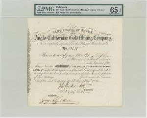 Anglo-Californian Gold Mining Co. - PMG graded 65 1852 dated Stock Certificate