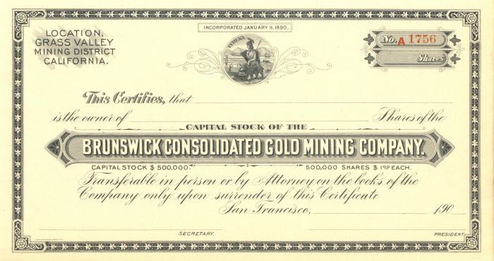 Brunswick Consolidated Gold Mining - Stock Certificate