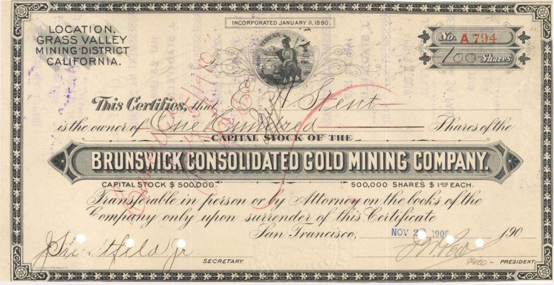 Brunswick Consolidated Gold Mining Co. - 1906 dated Stock Certificate