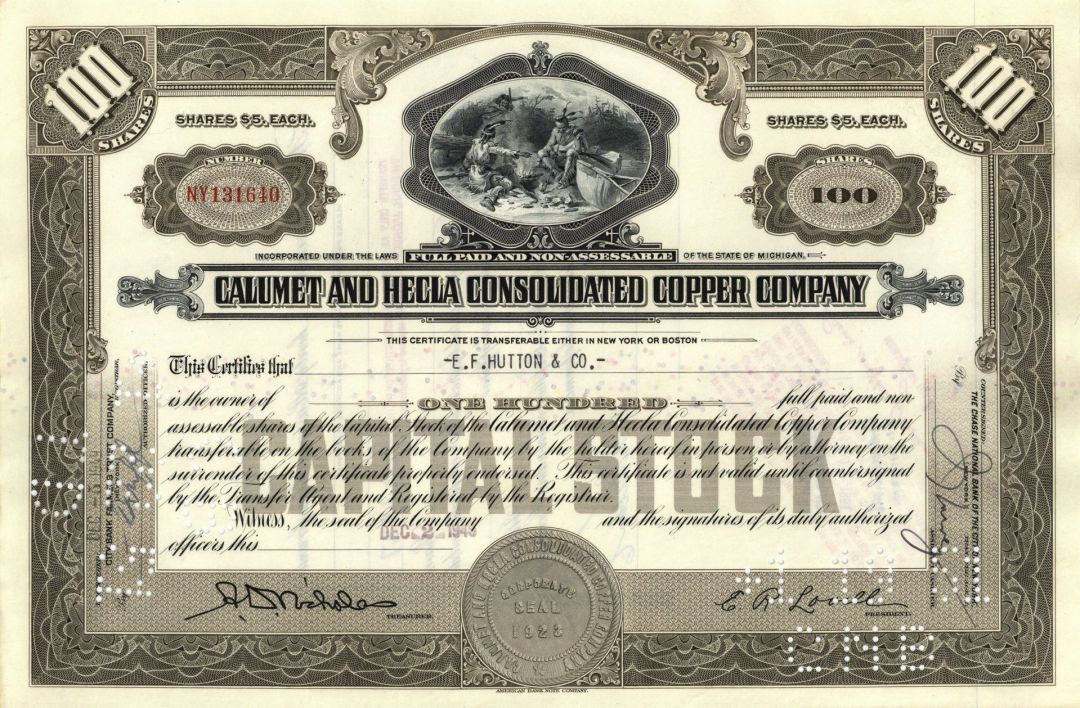 Calumet and Hecla Consolidated Copper Co. - dated 1930's-50's Indian Vignette Mining Stock Certificate