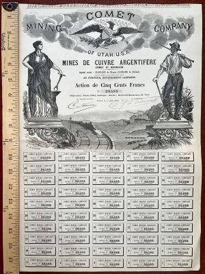 Comet Mining Co of Utah, USA - 1883 dated Utah Mining Stock Certificate