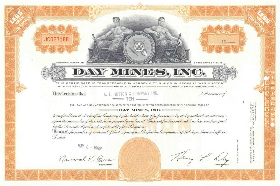 Day Mines, Inc - Idaho Mining Stock Certificate